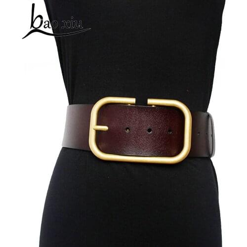 Vintage Brand Genuine Leather Gold metal pin Buckle long Belts for Women Retro Clothes Accessories wide Dress Belt Accessory