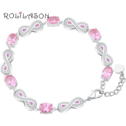 ROLILASON Pink Created Fire Opal 925 Silver Stamped Pink Charm Bracelets Women Gift pulseras OBs082
