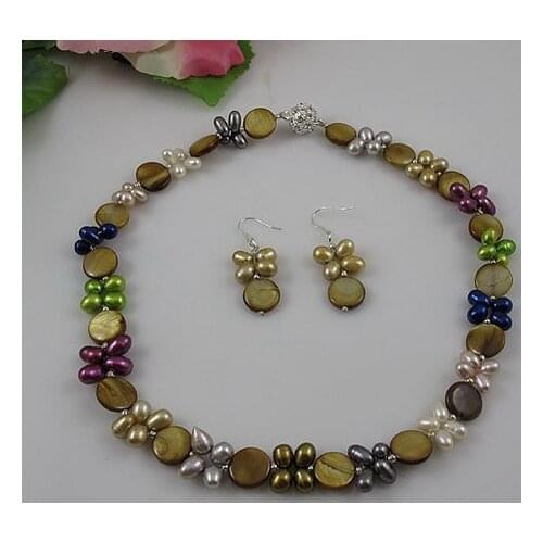 Unique Pearls jewellery Store,Multicolor Natural Pearls Brown Shell Necklace 925 Silver Dangle Earrings Jewelry Set Rhinestone