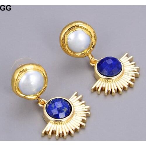 GuaiGuai Jewelry Freshwater White Pearl Coin Blue Lapis Rising Sun Stud Earrings