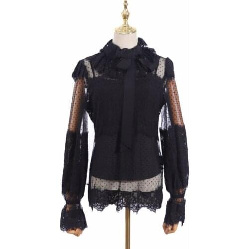 Vintage Shirt Halter Top Two Piece Set Women Lace Jacquard Polka Dot Mesh Long Sleeve Blouses Summer 2021 Casual Streetwear