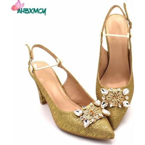 Golden Color Pointed Toe Shoes Women Luxury 2020 Autumn High Heels Shoes for Women Italian Women Shoes Decorated with Rhinestone