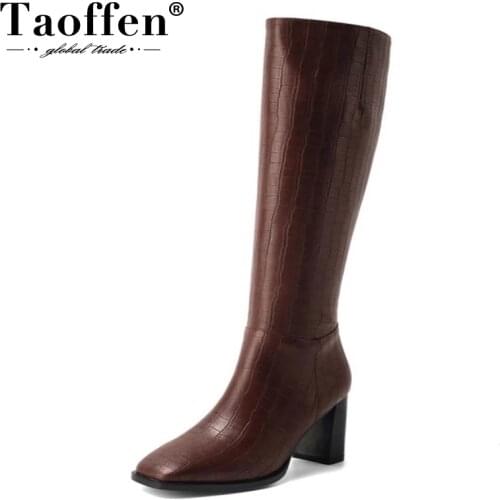 Taoffen Women Kne Boots Thick High Heel Square Toe Women Winter Long Boots Fashion Cool Party Winter Shoes Women Size 34-39
