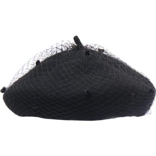 Women Ladies Autumn Winter Wool Beret Cap Vintage Net Veil Pattern Female Painter Outdoor Elegant Beanies Bonnet Hat D08E