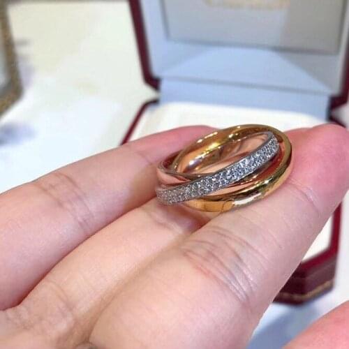 S925 Sterling Silver Micro Rhinestone Triple Ring Tricolor Ring For Women