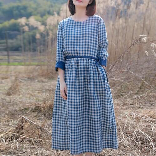 Women Spring Summer Linen Plaid Dress Ladies Loose Flax Plaid Dresses Female 2021 Dress