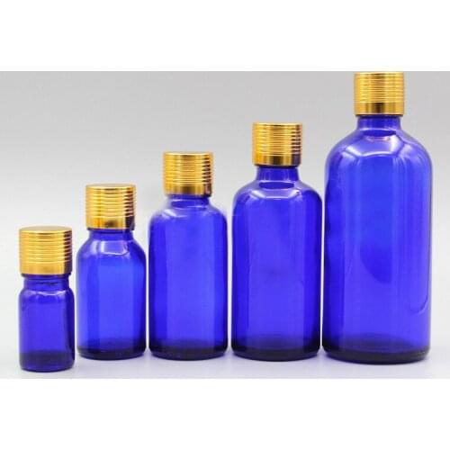2/10pcs 5ml 10ml 15ml 20ml 30ml 50ml 100ml Empty DIY Cosmetic Blue Glass Essential Oil Bottles with gold screw aluminum Cap plug