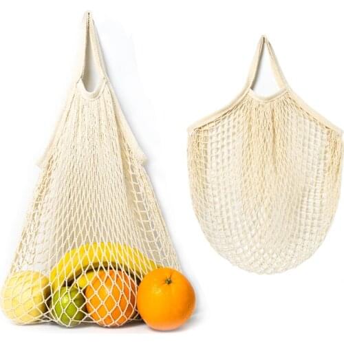 Beige Organic Cotton Mesh Tote Bag Reusable Market Grocery Shopping Bags Fruit Net Bag