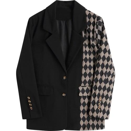 Women Vintage Black Plaid Stitching Blazer New Lapel Long Sleeve Loose Fit Jacket Fashion Tide 2021 Spring Autumn Outerwear