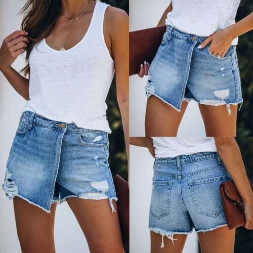 Women New Summer Casual Denim Skirt Light Blue Hole Jeans Skirt