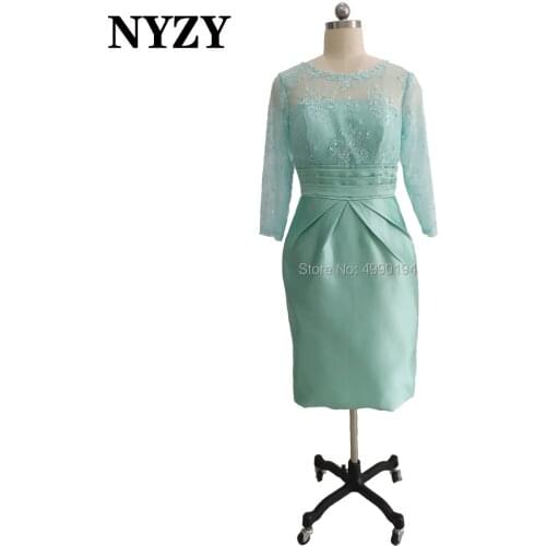 NYZY E255 Elegant Satin 3/4 Sleeves Aqua Green Short Mother of the Bride Lace Dresses 2020 Robe Cocktail Party Evening Gown