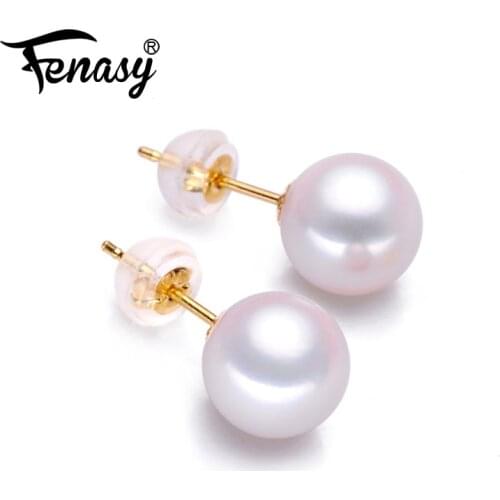 FENASY 18K Gold earrings pearl Jewelry ,6-7mm round Pearl classic yellow gold earrings for women gift box brand party earrings