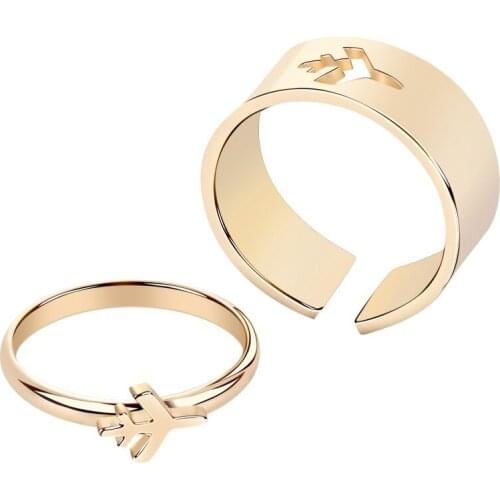 1 Pair Matching Couple Ring Set- Butterfly/Airplane/Love/Lightning Design Engagement Wedding Band Set For Men & Women Open Cuff