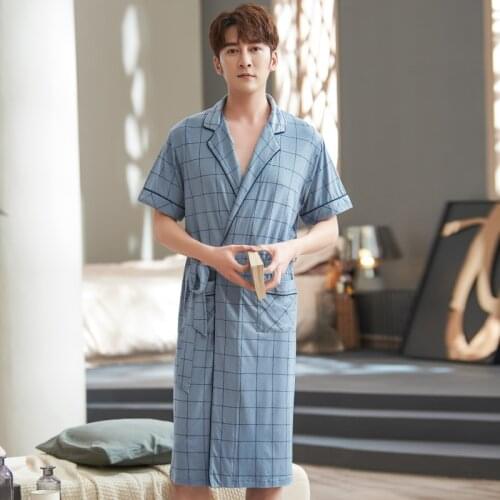 Summer Men Short Sleeve Robes Modal Cotton Long Bathrobe Lounge Wear Home Robed Loungewear Sleepwear Plus Size Pajamas Robes