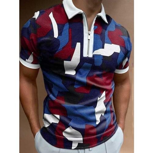 2021 New Fashion Mens polo shirt Camouflage Print Slim Tops Stand Collar Zipper T Shirts Men Summer Short Sleeve Casual Tee Shi