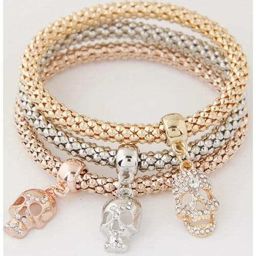 New Fashion Gold Color Crystal Skull Bracelet & Bangle 3 PCS/Set Charm Luxury Anchors Heart Men Women Bracelet Christmas gifts