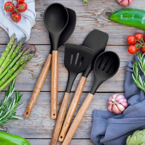 Non-Stick Silicone Kitchen Utensils Set With Natural Acacia Hard Wood Handle Baking And Serving Silicone Cooking Utensils