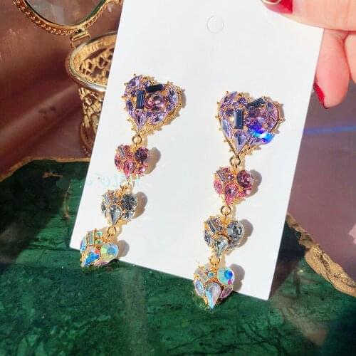 Korean New Shiny Sweet Purple Pink Crystal Love Heart Long Drop Earrings For Women Fashion Holiday Party Jewelry