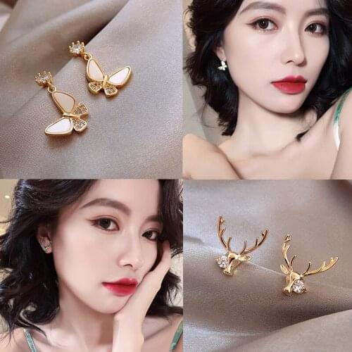 New Korean Elegant Cute Butterfly Crystal Stud Earrings For Women Girls Simeple elk Lovely Boucle D'oreille Gifts