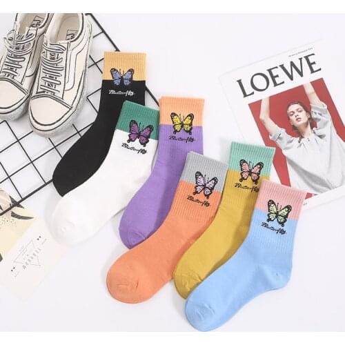 New Butterfly Socks Women Streetwear Harajuku Crew Kawaii Multiple Color Stitching Fashion Ankle Funny Cotton Women Socks
