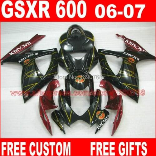 Fairings for SUZUKI GSXR 600 750 2006 2007 black red BACARDI fairing K6 gsxr600 HK30N 06 07 GSX R750 bodywork kit