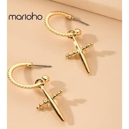 Punk Gold Color Cross Simple C Shape Drop Earrings Fashion Metal Geometric Earrings Religious Party Jewelry For Women Men
