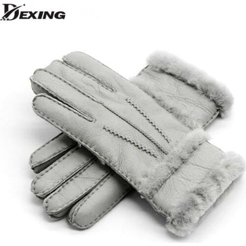 Woolen Winter Gloves Women Real Sheepskin Fur Warm Gloves Elegant Ladies Full Finger Genuine Leather Gloves