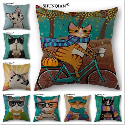 WZ4152 Lovely glasses cat pillowcase Cotton Linen Pillowcase 18X18 Inches Bedroom Office Throw Decorative Pillows