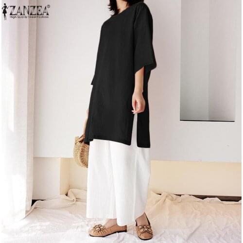 ZANZEA Vintage Cotton Blouse Women Summer Solid Long Tops Casual Split Hem Loose Blusas Oversize O Neck 3/4 Sleeve Shirt Chemise