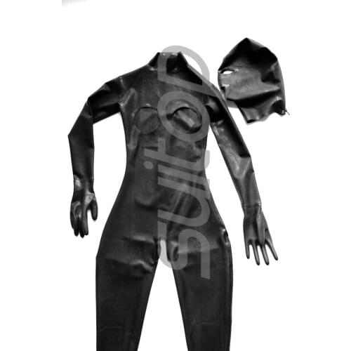 Womens full cover body catsuit with back to waist in black with gloves socks attahced hoods separated bust and crotch holes