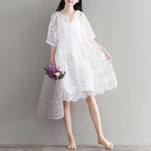 Dresses for Women Summer Loose White Embroidered Lace Dress Dress Two-Piece Set New Vestido De Mujer Femme Robe
