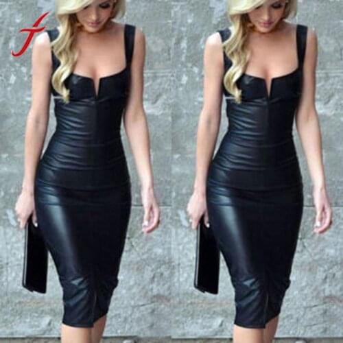 Womens Sexy Tight Leather Black Dress 2021 Fashion Straps solid Color V-neck Slim Sexy Sleeveless Womens Summer dress NEW