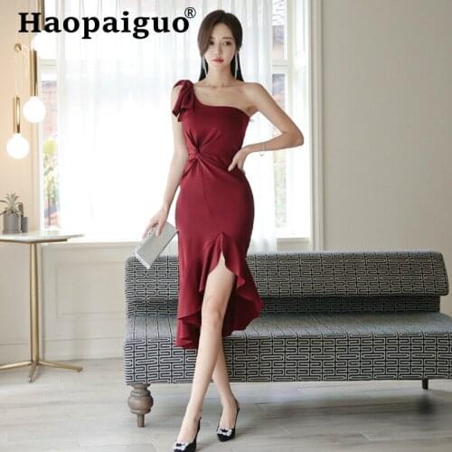 2019 Autumn Winter Evening Party Dress Women One-shoulder High Split Sexy Club Dress for Ladies Solid Asymmetrical Bodycon Dress