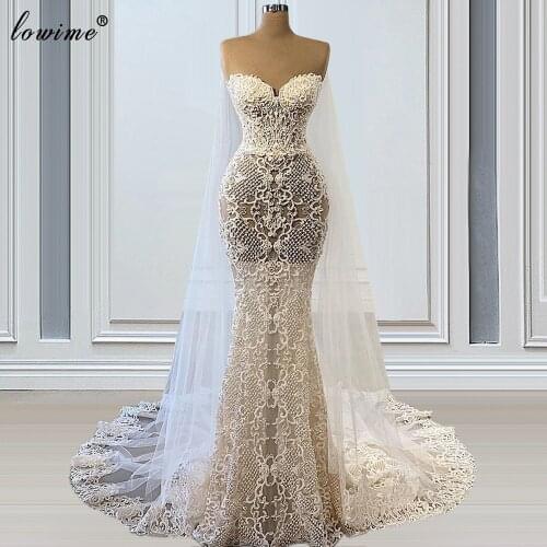 2021 Ivory Pearls Wedding Dresses Mermaid Sexy Sweetheart Wedding Gowns For Women Beach Brides Dresses With Cape Chapel Wedding