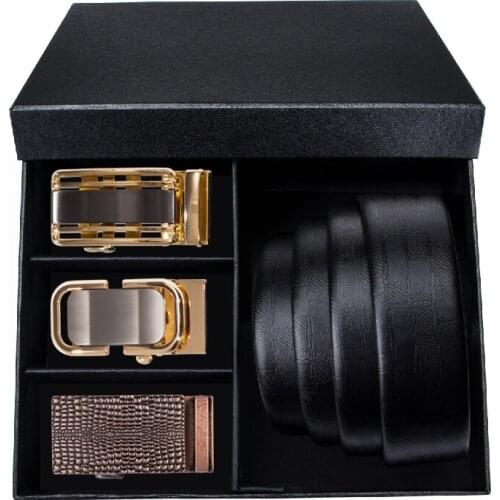 Barry.Wang 2019 Designer Mens Belt 3PCS Gold Automatic Buckle Belts For Men Leather Cowhide Strap Gift Box Set Mens Gift GB-55