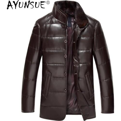 AYUNSUE 2021 Winter Genuine Sheepskin Leather Jacket Men Real Mink Fur Collar Down Jackets Black Warm Clothing Veste Homme Gmm32