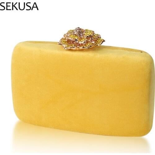 Velvet Yellow Color Metal Evening Bags Flower Diamonds Small Day Clutch Purse With Chain Shoulder Purse Holder