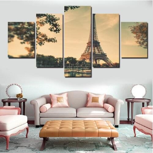 Free Shipping Canvas Paintings Eiffel Tower Best Scenery Wall Art Home Decoration 5 Pieces Frameless Scenery