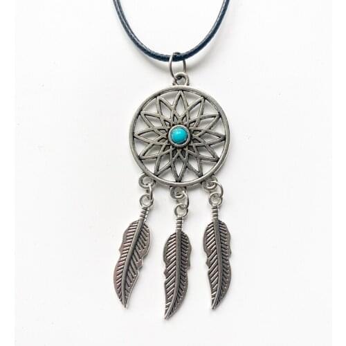 Spiritual Dreamcatcher Feather Pendant Blue Turquoise Necklace Small Present Party Gift Dropshipping Tibetan Silver Ornament 1pc