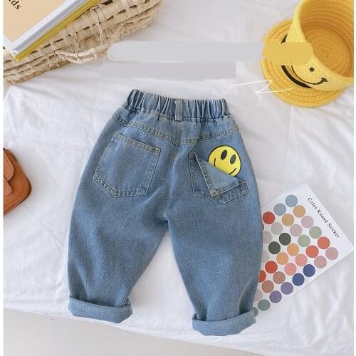 Autumn Childrens Boys Cartoon Smiling Face Denim Jeans Trousers Casual Girls Kids Full Length Fashion Pants