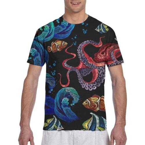 Embroidery Octopus Sea Wave And Tropical Fishes Man T-shirt 2020 Neck Tshirts Tee Shirts Men Streetwear T-shirts Short Sleeve