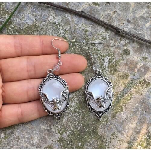 Gothic Bat Cameo Earrings,Vampire Bat Earrings,Bat Lovers,Witches,Gothic Victorian Silver plated Framed Bat Cameo Earrings