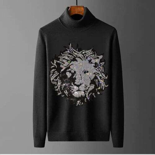 Harajuku Knitted Warm Turtleneck Mens Sweater Slim Bottoming Personality Hot Drill Animal Pullover Winter Trend