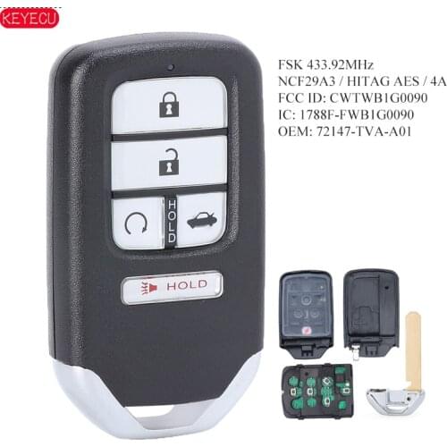 KEYECU FSK 433MHz 4A Chip Smart Proximity Remote FOB 5 Button Replacement for Honda Accord FCC: CWTWB1G0090