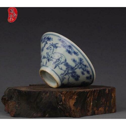 Chinese Blue and White Porcelain Deer Crane Design Teacup Bowl 3.2 inch