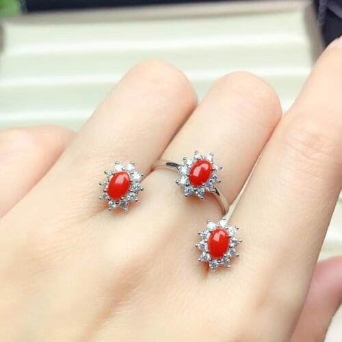 100% Real Red Coral Ring and Pendant Set Classic 925 Silver Red Coral Jewelry Set Fashion Precious Coral Silver Jewelry Set