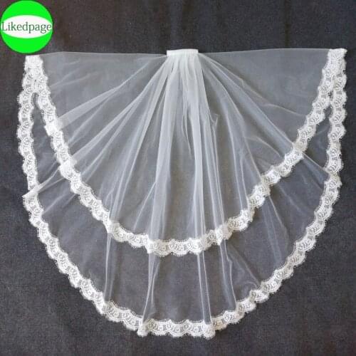 Short Wedding Bride Veil 2021 Two Layer Voile Mariage Welon Slubny Lace Edge Velo De Novia Sposa Weeding Accessoire Metal Comb