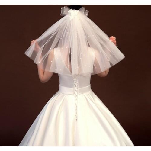 JIERUIZE Pearls Bow Short Wedding Veils One Layer Bridal Veils with Comb Wedding Accessories 2021
