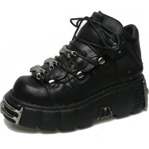 Motorcycle Shoes Punk Style Women Sneakers Lace-up 6CM Platform Shoes Woman Creepers Female Casual Flats Metal Tenis Feminino