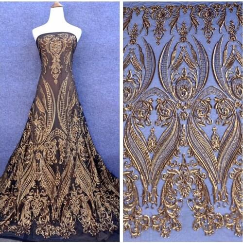 La Belleza 1 yard Matt gold sequins on black mesh lace fabric 51'' width,evening dress lace fabric
